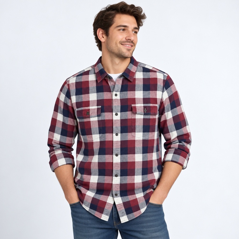 Goodthreads Flannel Shirt Mens Large Burgundy Navy Plaid Cotton Button Down L